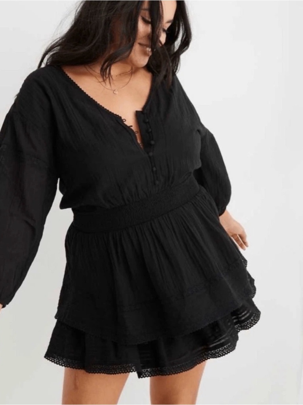 aerie Black Tiered Long-Sleeve Mini Dress